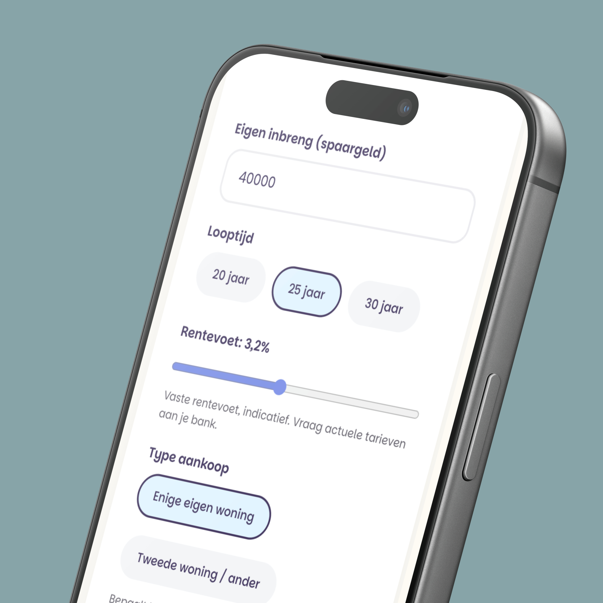 Immogids leningsimulator op mobiel met eigen inbreng, looptijd en rentevoet