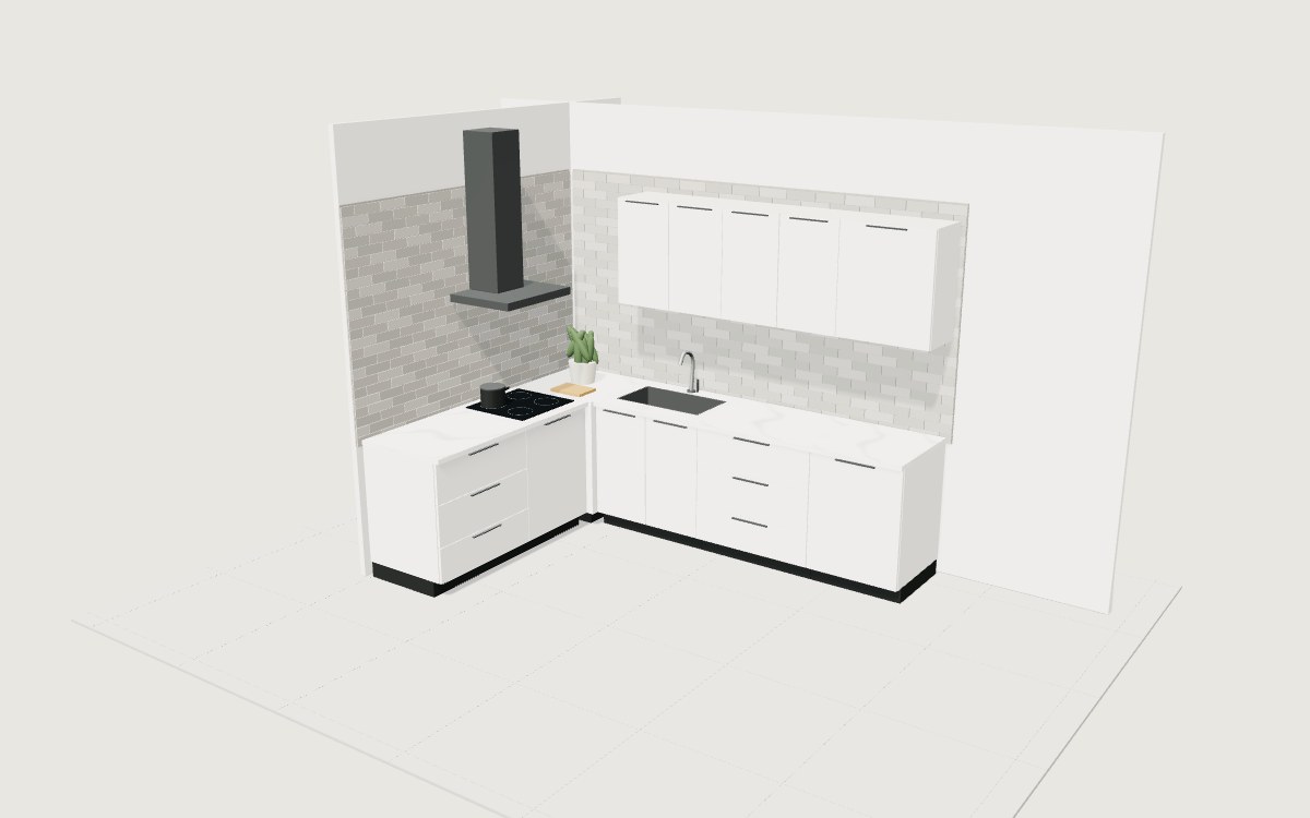 Witte hoekkeuken met kasten, werkblad en apparatuur in de keukenconfigurator