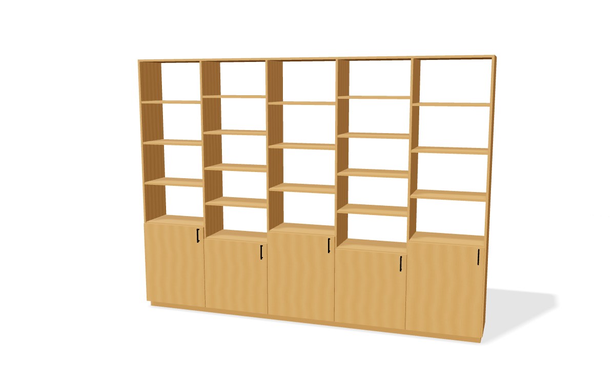 Houten maatkast met open vakken, laden en deuren in de 3D-maatkastconfigurator