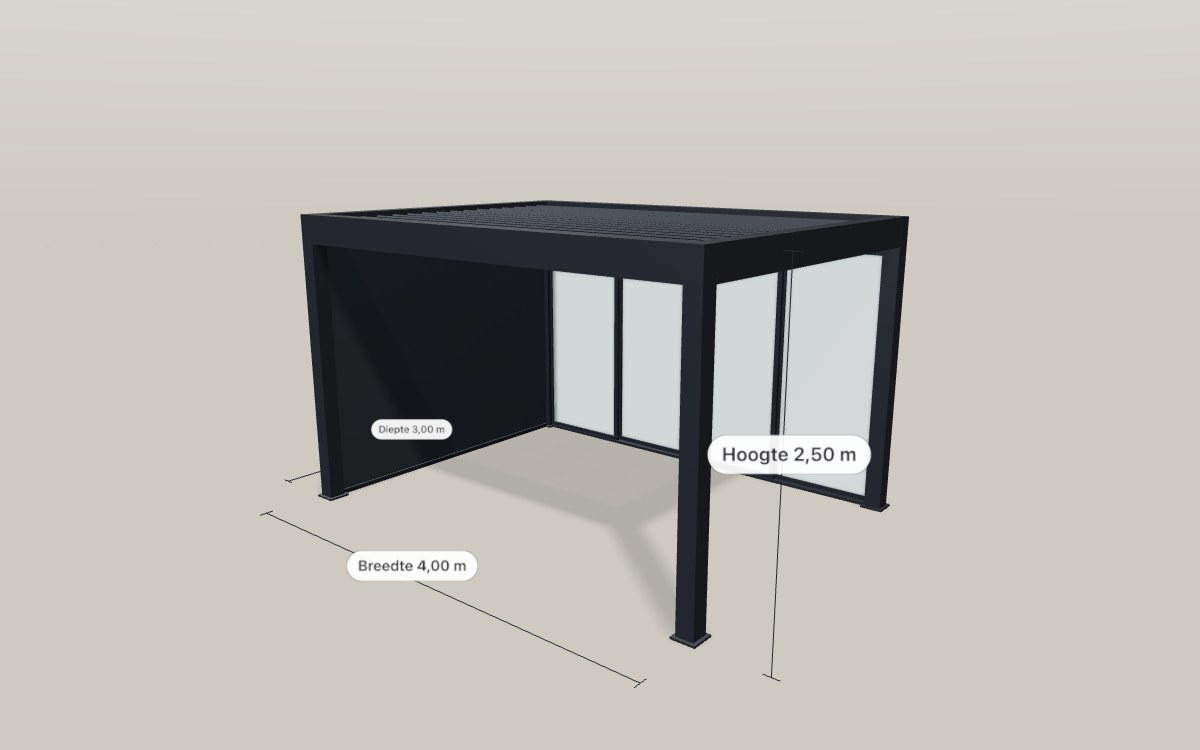 Donkere pergola met lamellendak, glazen wanden en zichtbare maatvoering in 3D