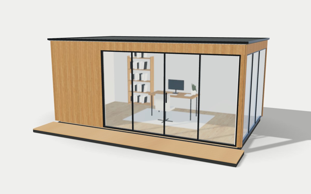 Houten tuinkantoor met glazen schuifwand en terras in de poolhouseconfigurator