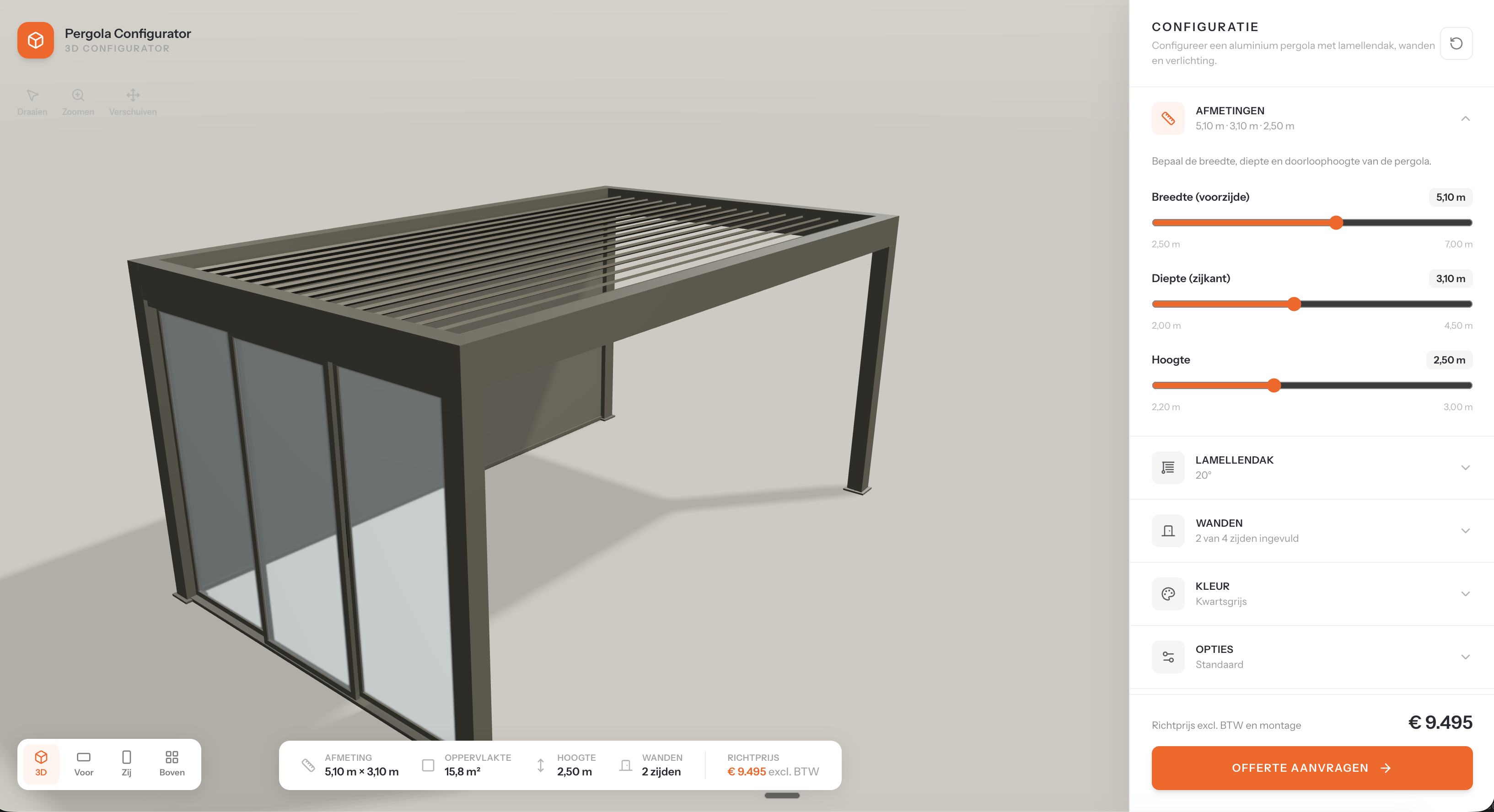 3D-configurator voor modulaire bijgebouwen met realtime maatvoering en prijsopbouw
